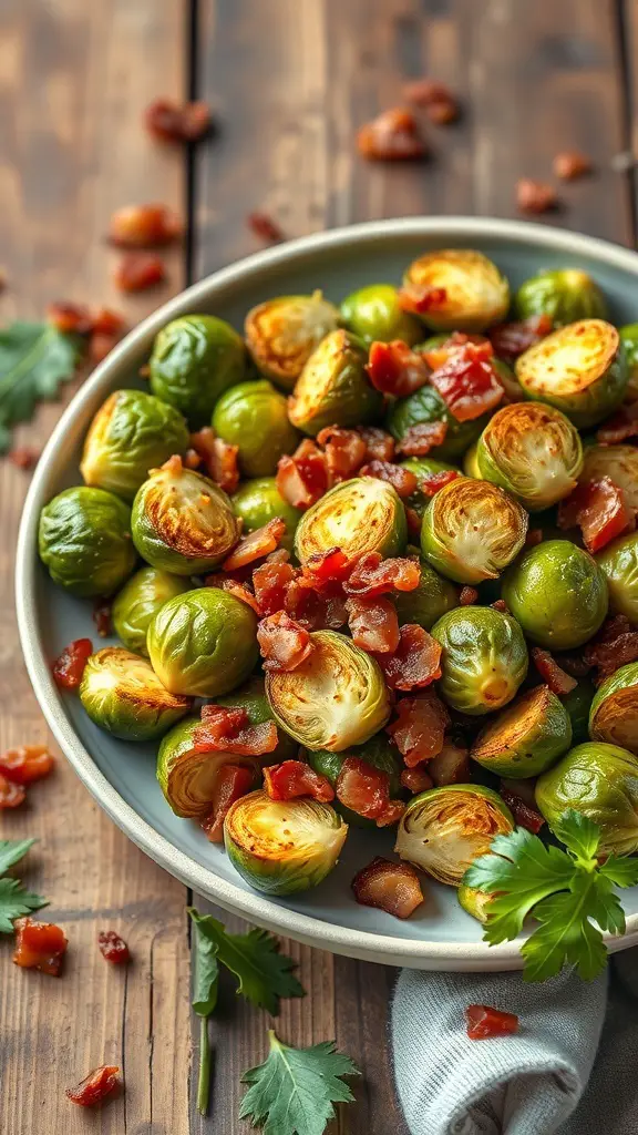 A plate of roasted Brussels sprouts with crispy bacon on a wooden table.