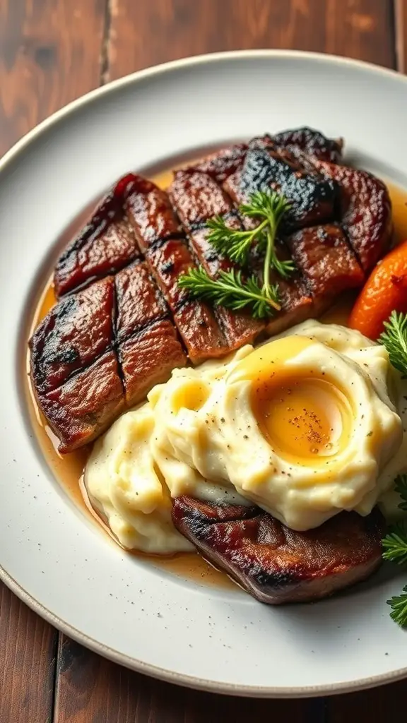 A plate featuring grilled venison steak, roasted garlic mashed potatoes topped with a sunny-side-up egg, and a garnish of green herbs.