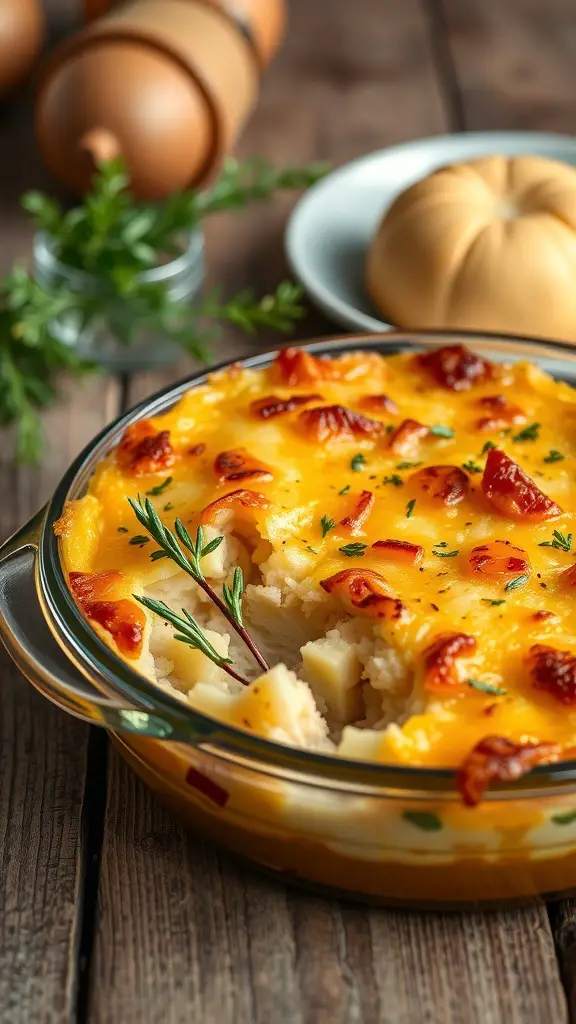 A delicious turkey and potato casserole with a cheesy golden topping, surrounded by fresh herbs and kitchen items.