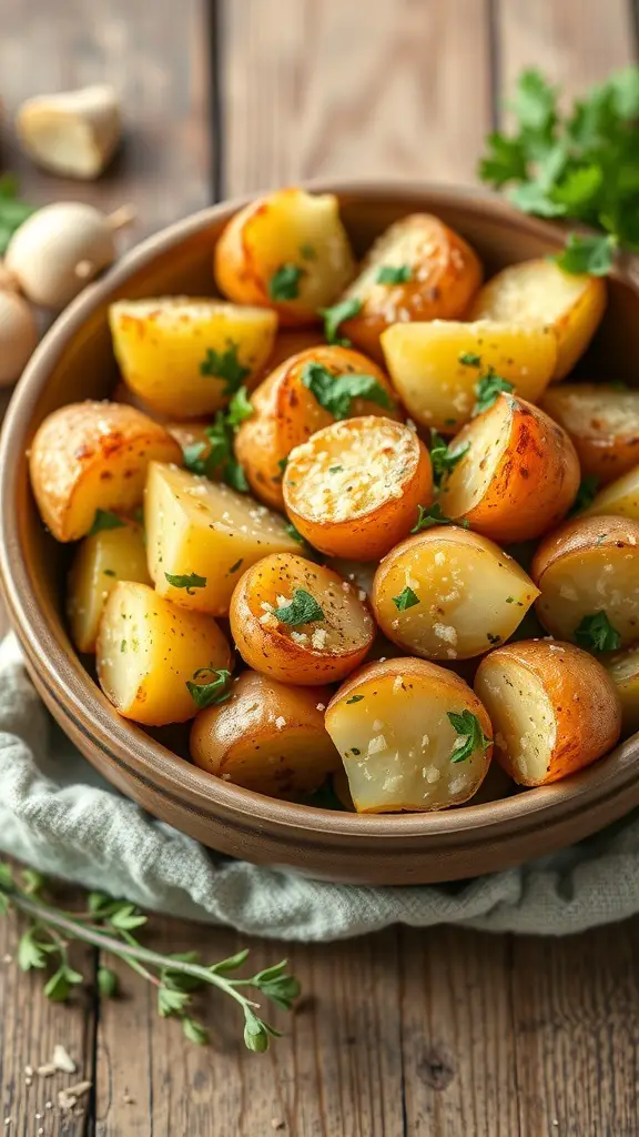 A bowl of garlic Parmesan roasted potatoes garnished with herbs