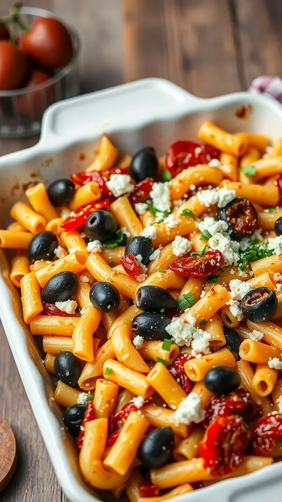 Vegetarian Mediterranean Macaroni Casserole with olives and sun-dried tomatoes
