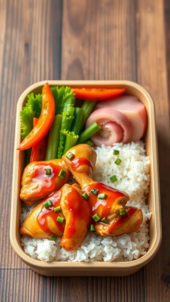 A Teriyaki Chicken Bento Box with chicken, rice, and fresh vegetables.