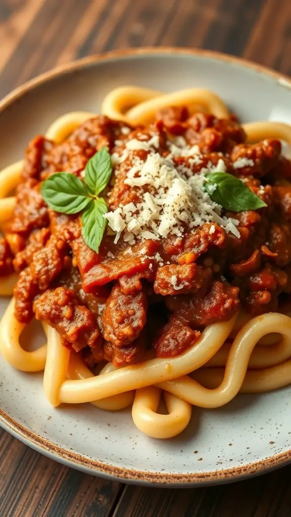 A plate of cavatappi pasta topped with Bolognese sauce, garnished with basil and cheese.