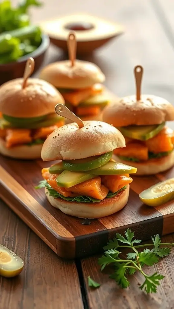 A wooden platter with four salmon sliders topped with avocado, lettuce, and green peppers, garnished with lemon slices and fresh cilantro.