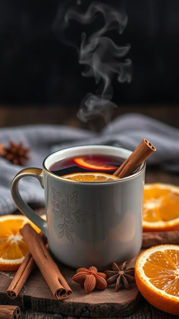 A steaming mug of mulled wine with spices, surrounded by orange slices and cinnamon sticks.