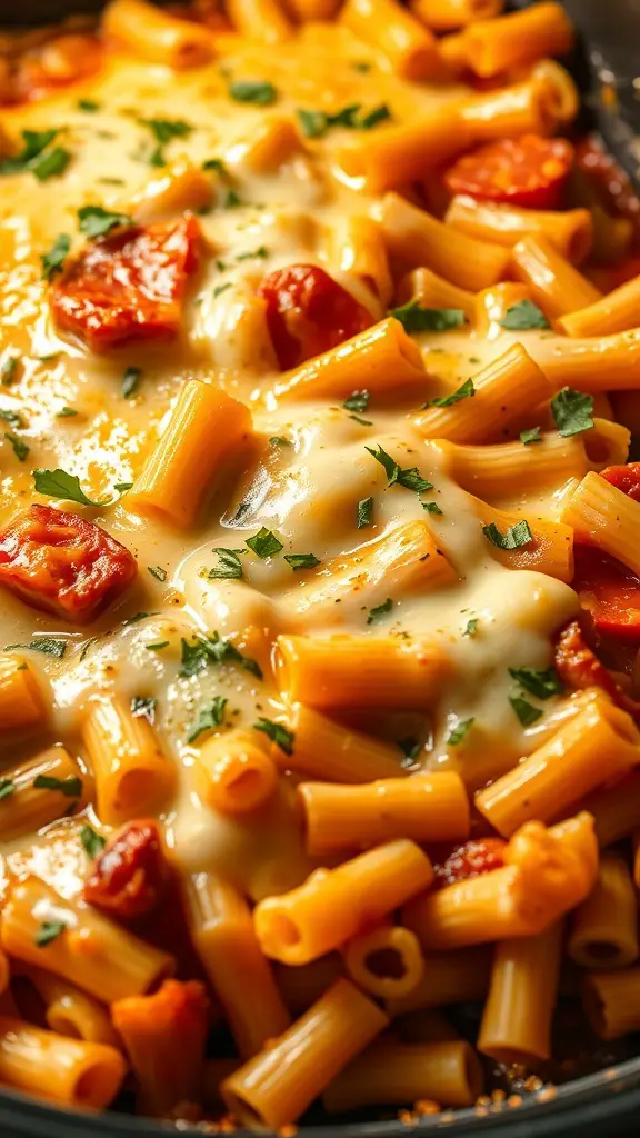 A creamy pasta bake with rigatoni, melted cheese, and diced tomatoes, garnished with fresh herbs.