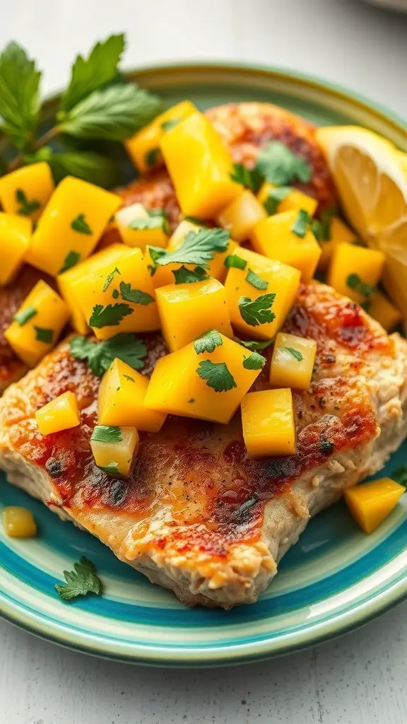 Baked chicken thighs topped with mango salsa, garnished with cilantro and lemon slices.