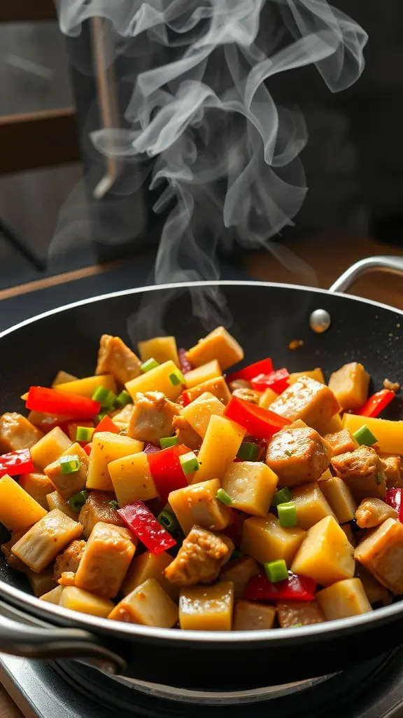 A sizzling turkey and vegetable stir-fry in a pan, featuring colorful bell peppers and green onions.