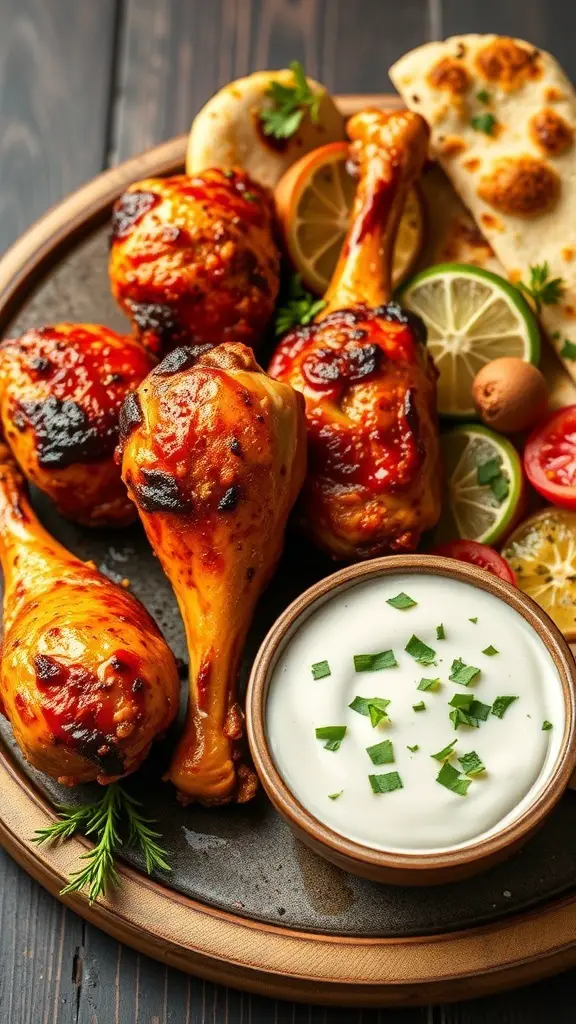 A plate of tandoori turkey drumsticks with yogurt dip and fresh garnishes.