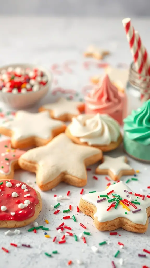A festive display of decorated sugar cookies with colorful icing and sprinkles.