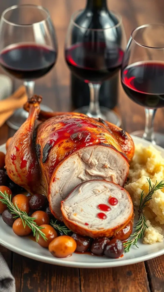 A beautifully roasted turkey glazed with red wine, served with mashed potatoes and garnished with herbs.