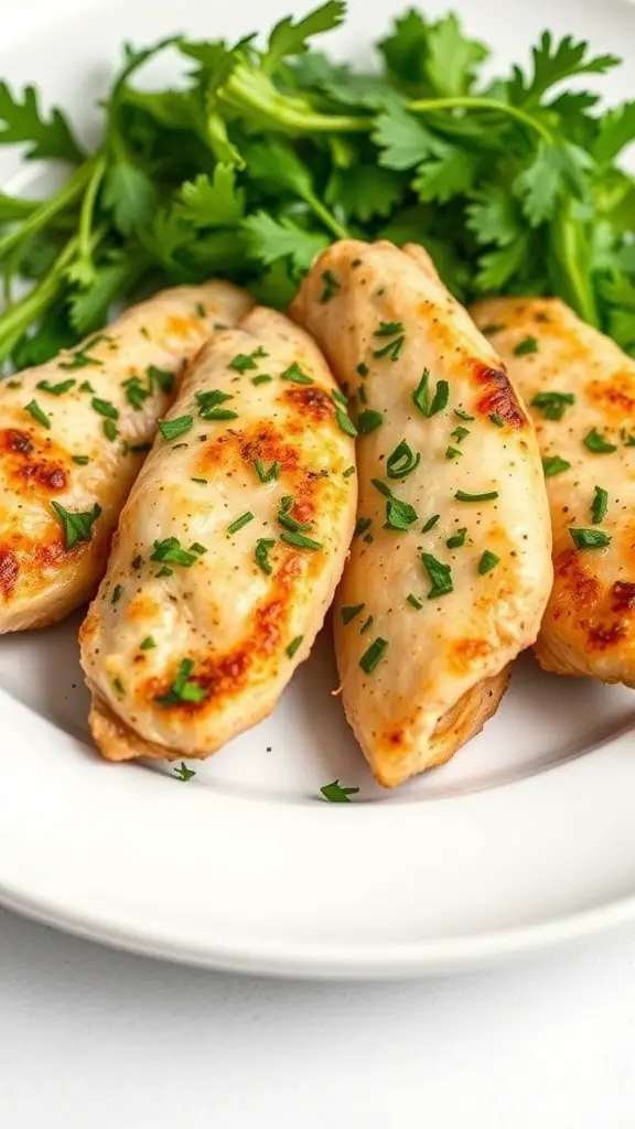 Plate of garlic herb chicken tenders garnished with fresh herbs