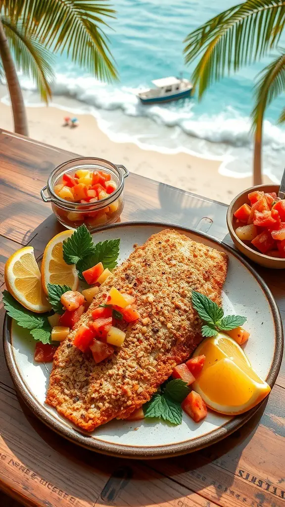 Coconut breaded tilapia with lemon and fruit salsa on a beachside table