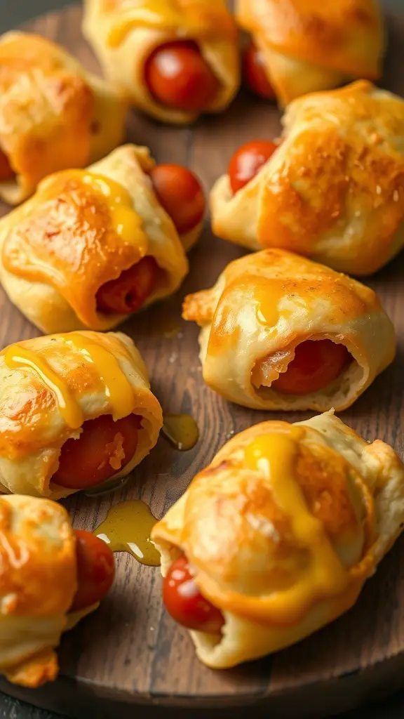 A platter of pigs in a blanket with melted cheese on top