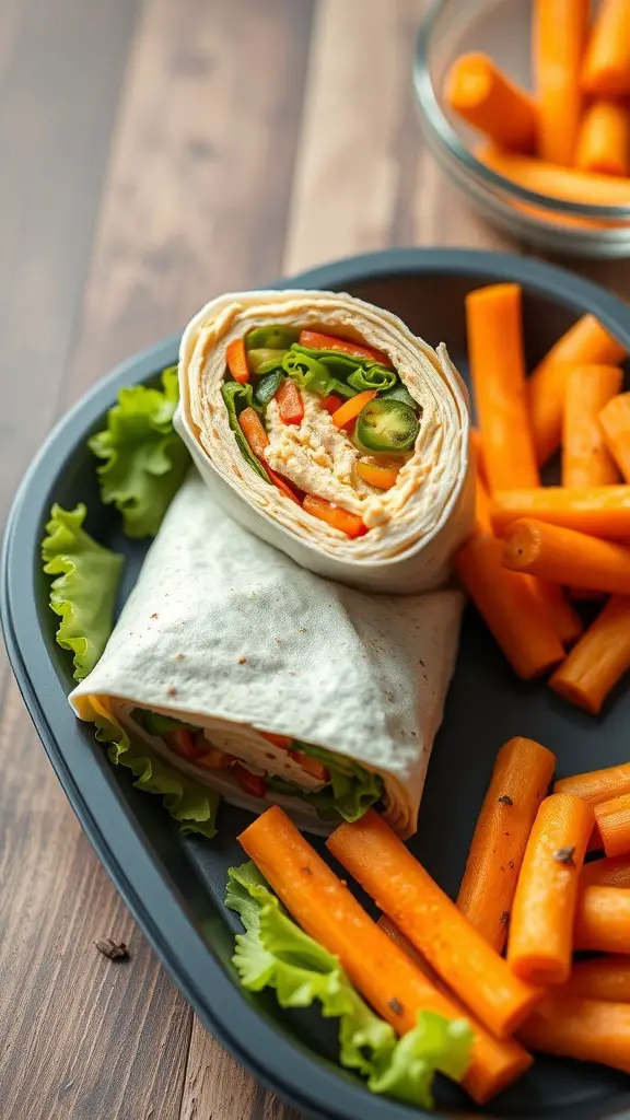 A hummus and veggie wrap with carrot sticks on the side