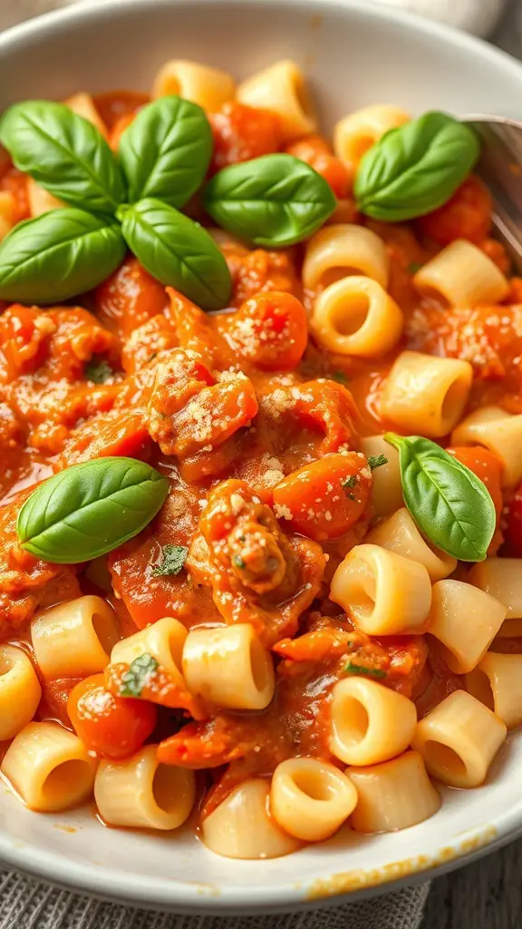 A bowl of creamy tomato and basil elbow pasta garnished with fresh basil leaves.