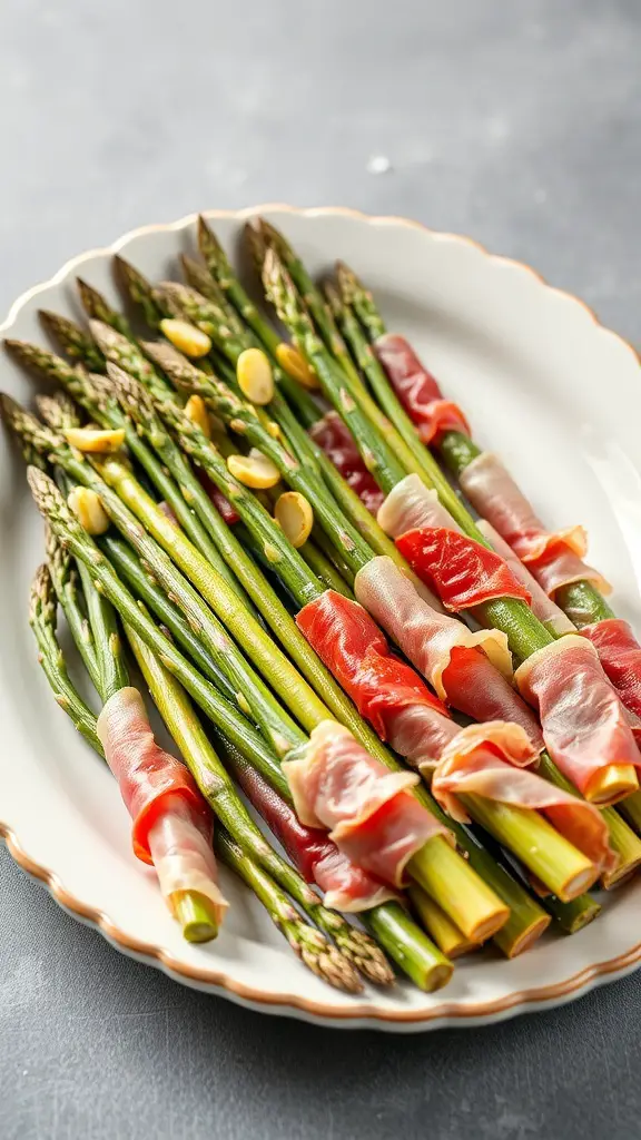 A plate of prosciutto-wrapped asparagus with pine nuts