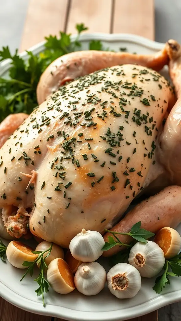 A whole turkey coated with herbs and garlic, surrounded by garlic cloves and fresh herbs.