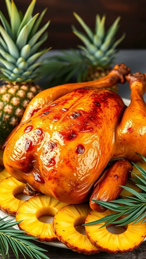 A roasted turkey glazed with pineapple, surrounded by pineapple slices and green leaves.