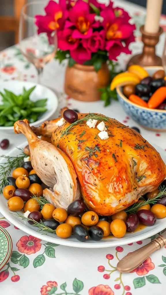 A beautifully roasted turkey garnished with herbs and surrounded by olives and fruits on a floral tablecloth.