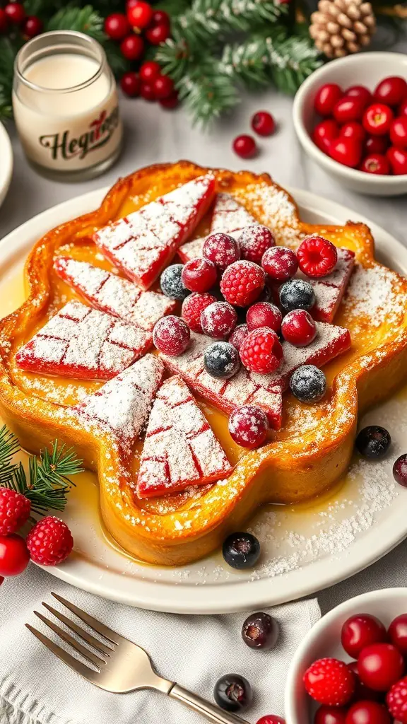 Eggnog French Toast Casserole topped with berries and powdered sugar