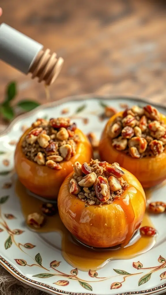 Baked apples topped with nuts and honey on a decorative plate