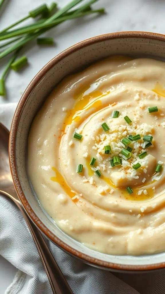 A bowl of creamy cauliflower and cheese puree topped with chives and olive oil.