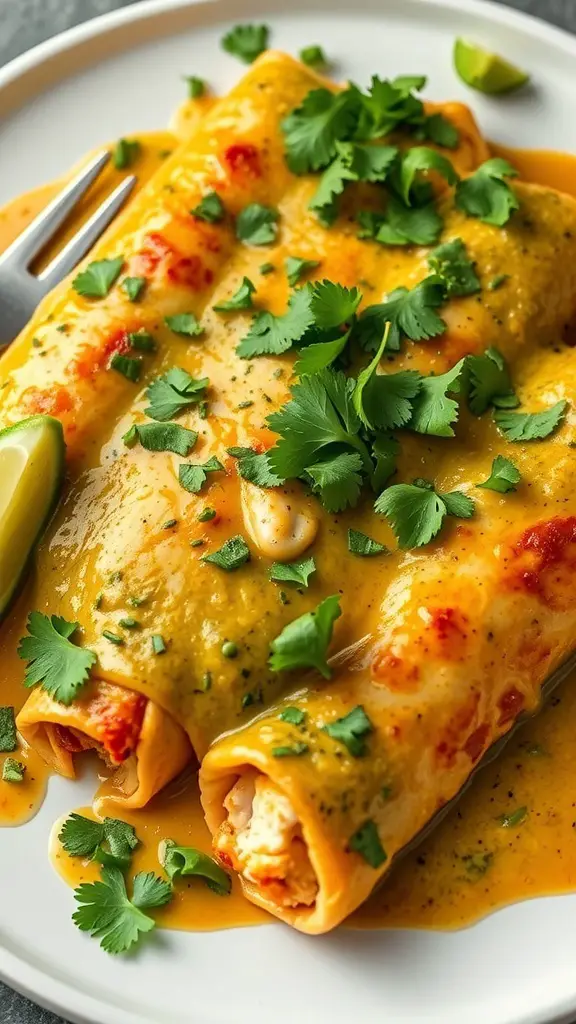 Plate of chicken enchiladas topped with green sauce and cilantro