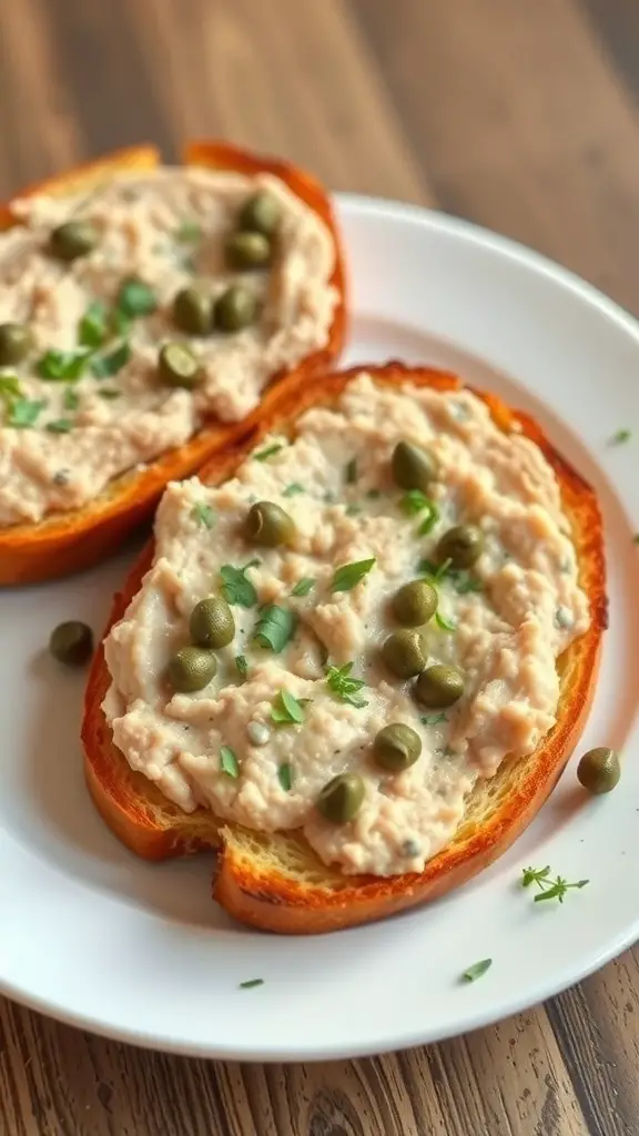 Toasted bread topped with mackerel pâté, capers, and herbs