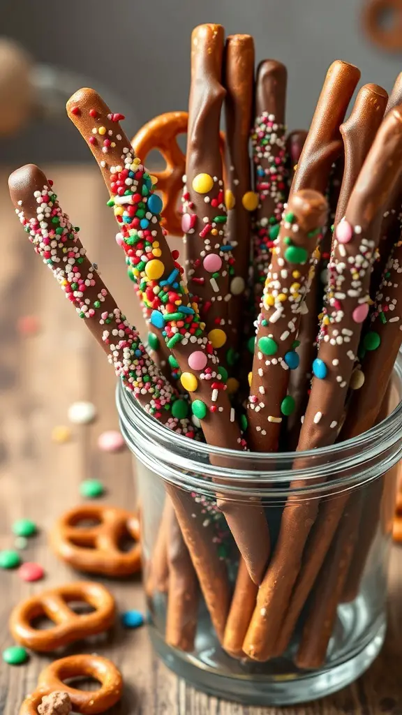 A jar filled with chocolate-dipped pretzel rods decorated with colorful sprinkles.