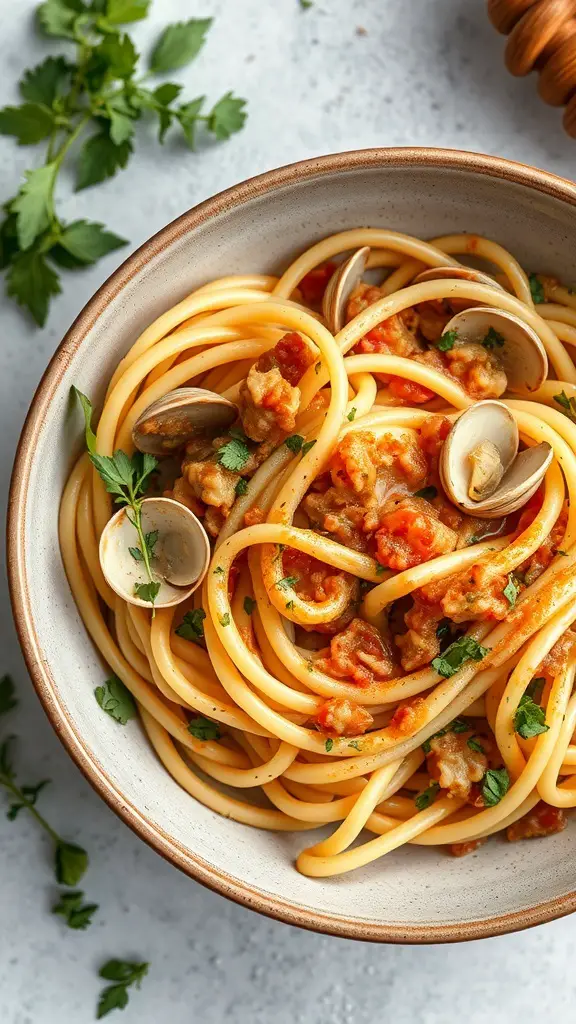 A bowl of fettuccine with clam sauce, garnished with herbs.