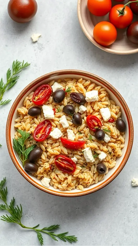 A bowl of Mediterranean Orzo Bake with cherry tomatoes, black olives, and feta cheese.