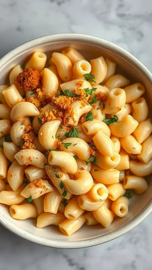 A bowl of creamy macaroni and cheese topped with herbs and seasoning.