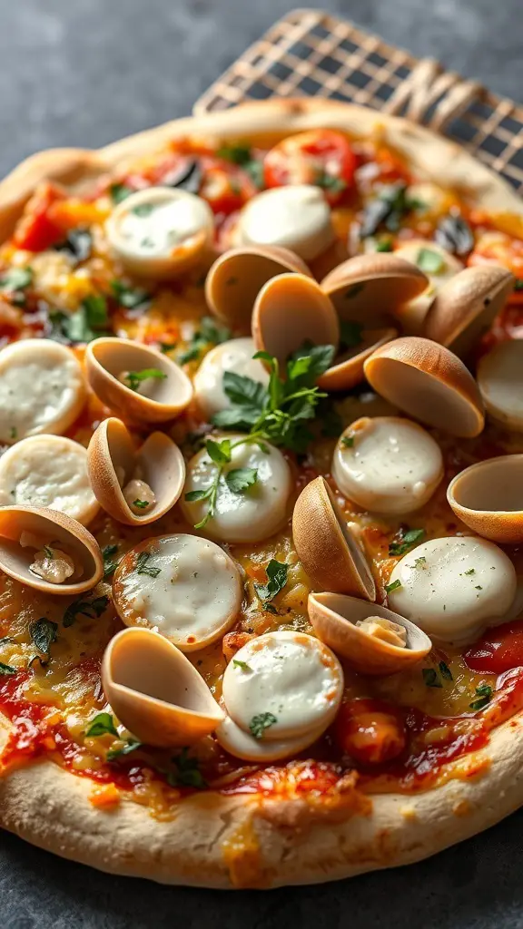 A delicious clam pizza topped with fresh herbs and cheese, showcasing a unique seafood twist on a classic dish.