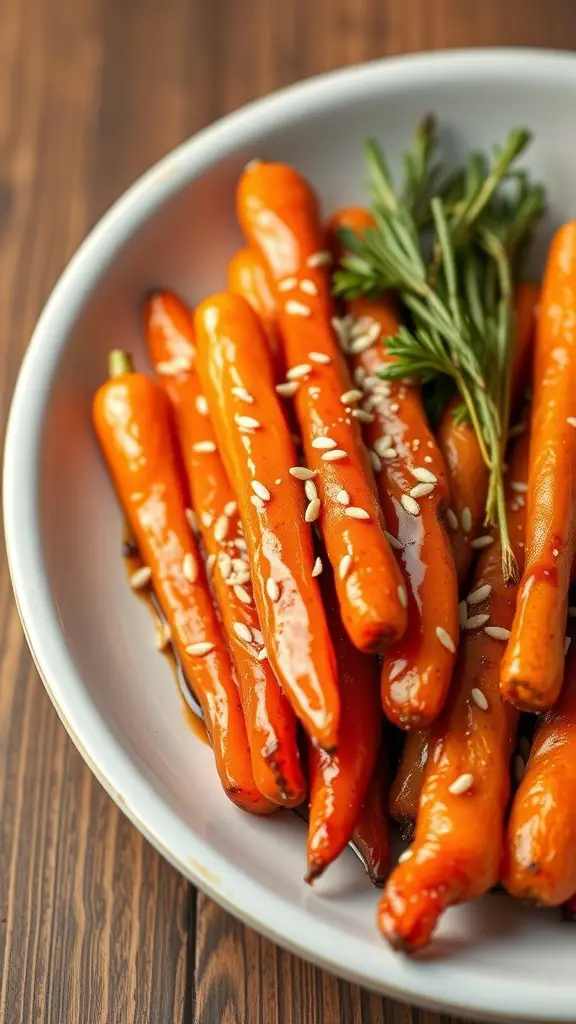 A plate of honey garlic glazed carrots garnished with sesame seeds and herbs.