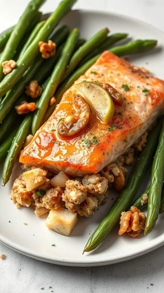 A plate with apple and walnut stuffed salmon, green beans, and a lemon slice.