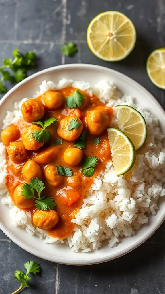 A plate of chickpea curry served over rice, garnished with cilantro and lime slices.