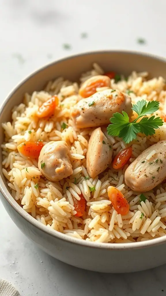 A bowl of chicken and rice pilaf with diced chicken breast, rice, cherry tomatoes, and parsley.