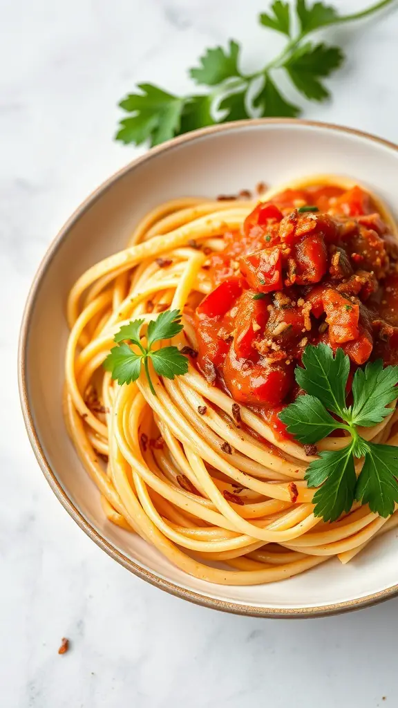 A bowl of fettuccine noodles topped with spicy tomato sauce and parsley.