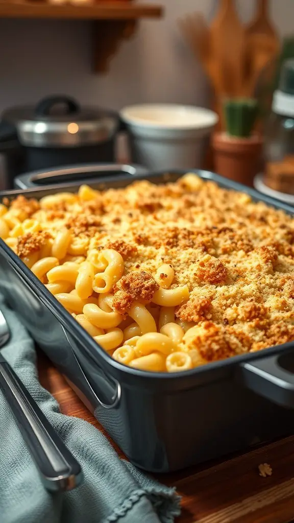 A deliciously baked macaroni and cheese casserole with a crispy topping.