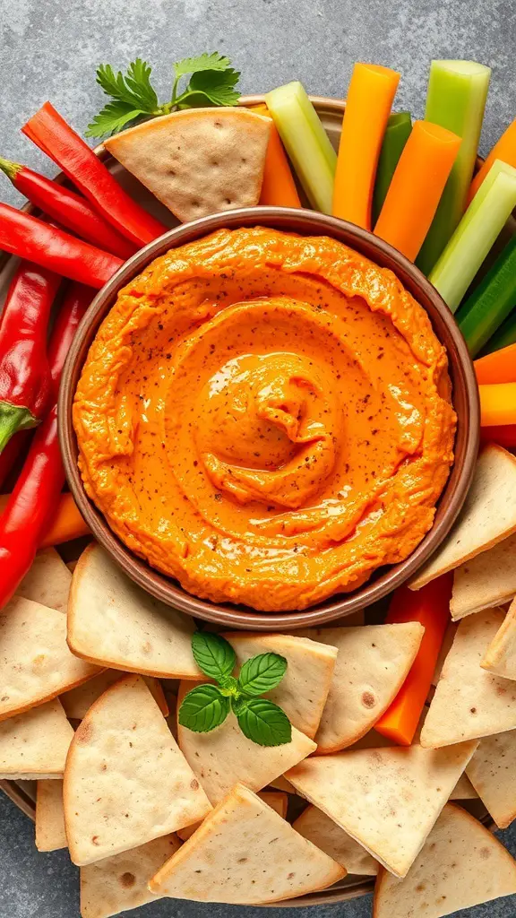 Bowl of roasted red pepper hummus surrounded by pita chips and fresh vegetables