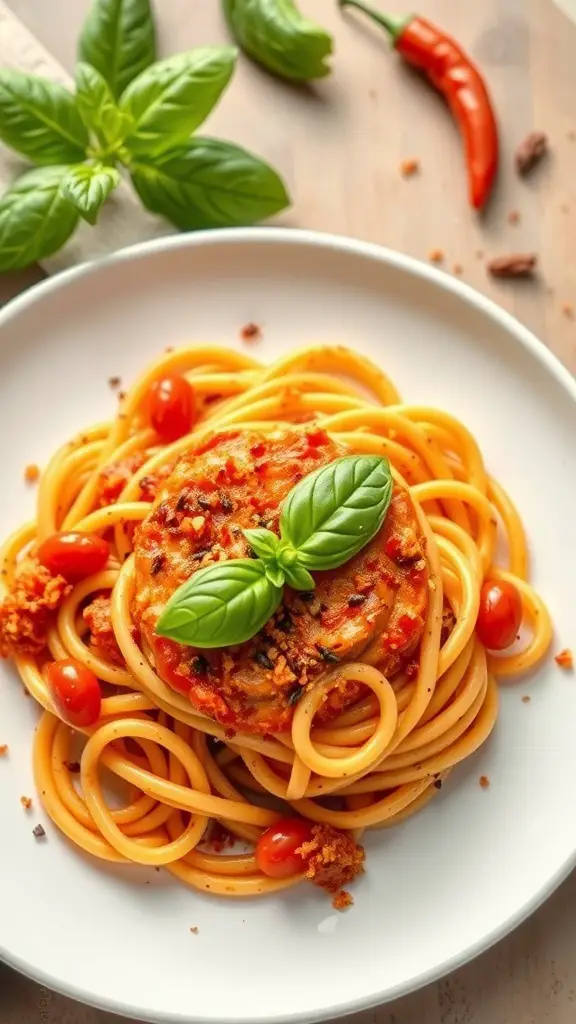 A plate of spicy fusilli pasta with red sauce, topped with basil and cherry tomatoes.