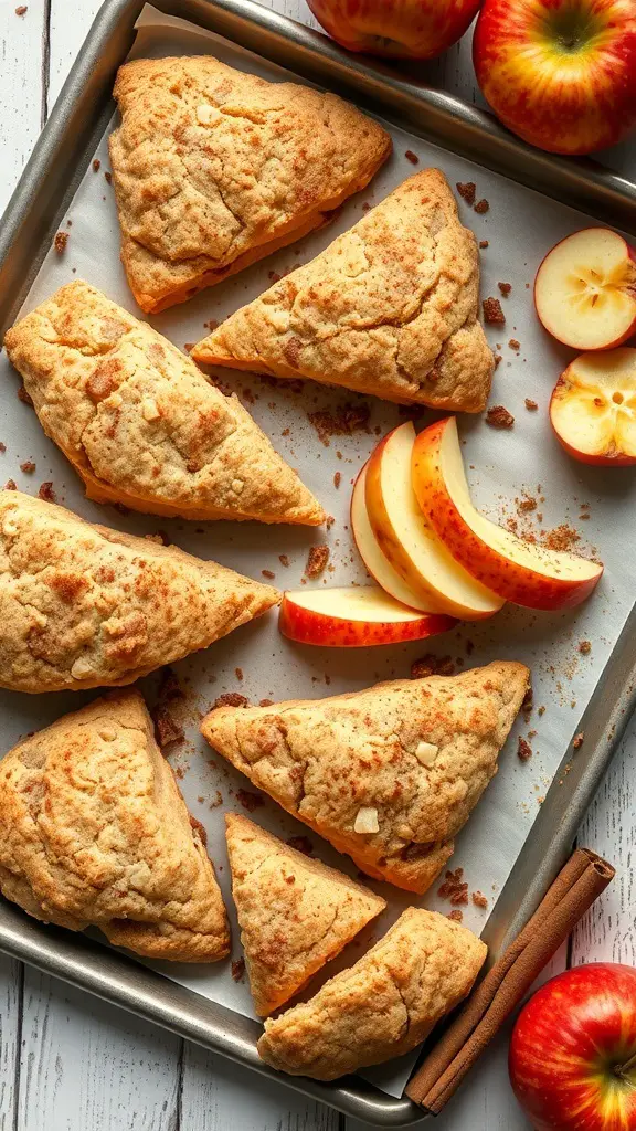 Freshly baked cinnamon apple scones on a baking tray with apple slices and cinnamon sticks.