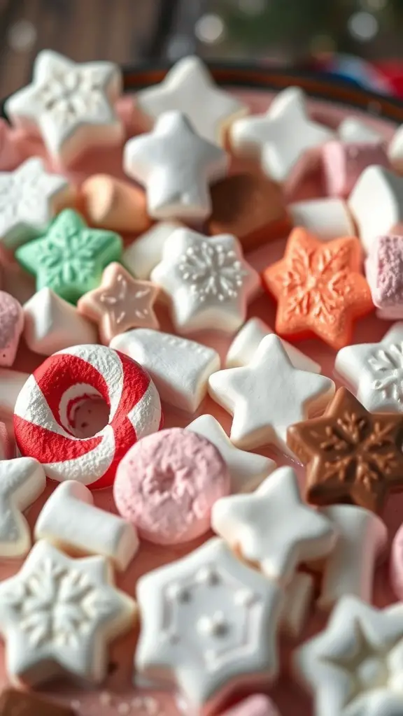 A colorful assortment of festive marshmallows in various shapes and colors for a Christmas hot chocolate bar.