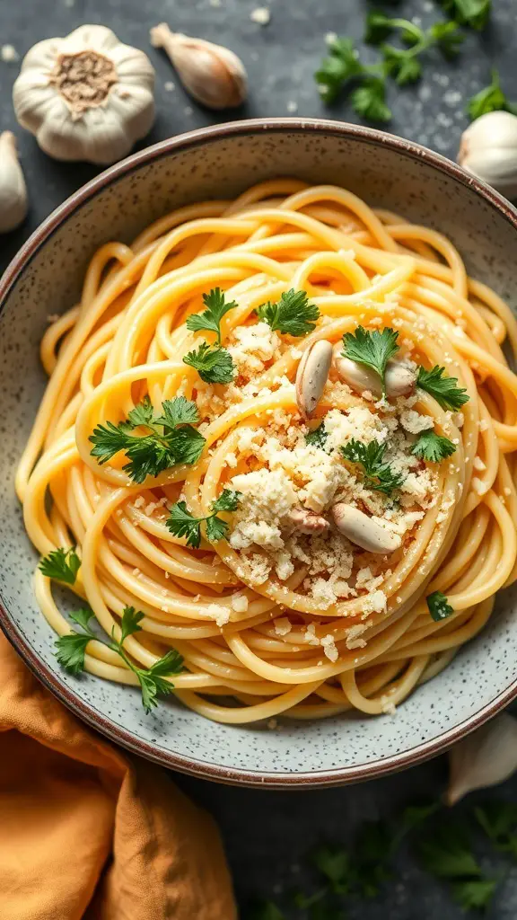 A bowl of creamy garlic egg noodles topped with parsley and Parmesan cheese, surrounded by garlic cloves.