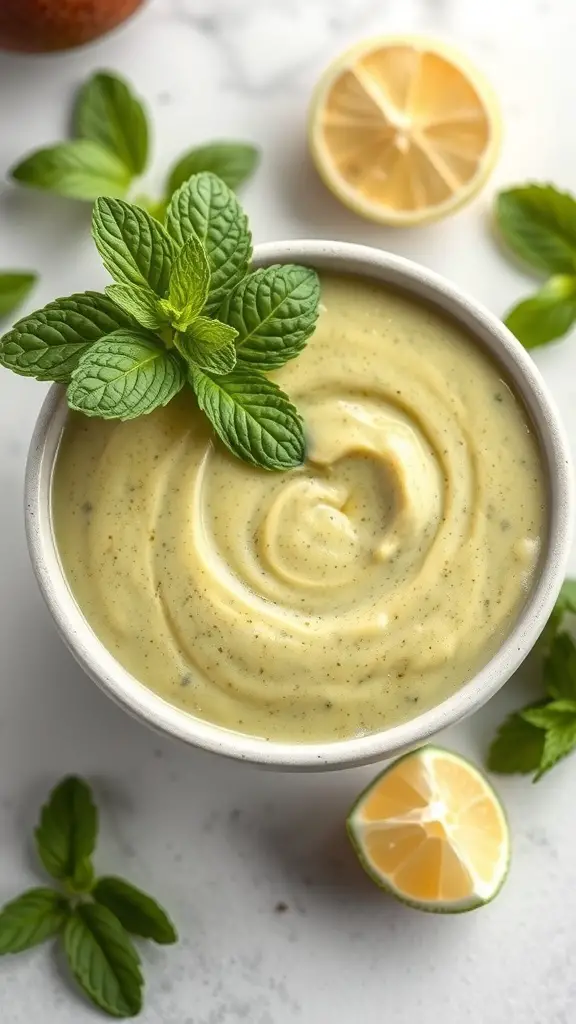 A creamy avocado mint lime smoothie bowl topped with fresh mint leaves and lime slices.