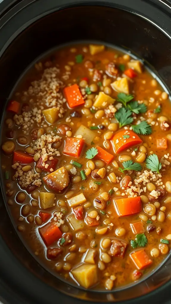 A delicious spicy lentil and quinoa stew in a crockpot, filled with colorful vegetables and topped with fresh herbs.