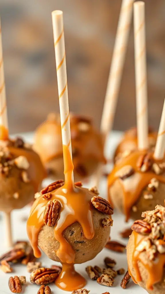 Delicious caramel pecan cake pops with caramel drizzle and pecans on top