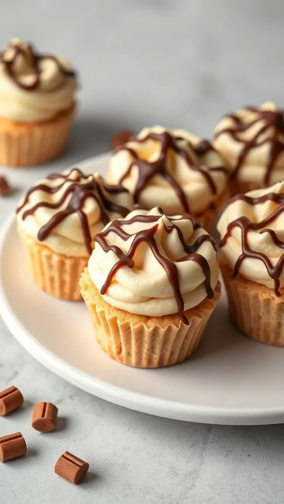 Peanut Butter Fluff Cups topped with frosting and chocolate drizzle on a plate