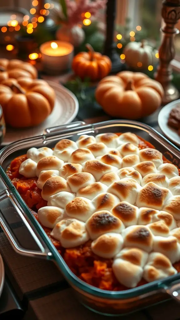 A delicious sweet potato casserole topped with toasted marshmallows, surrounded by festive decorations.